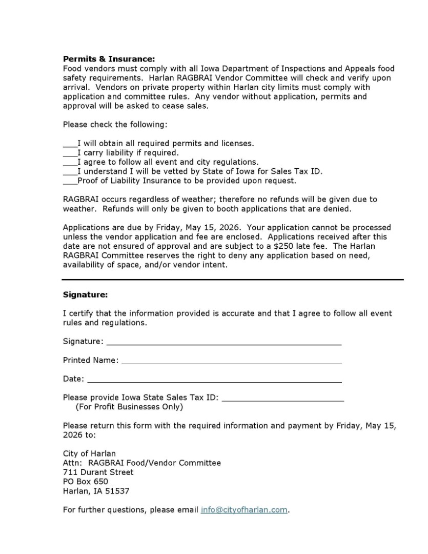 RAGBRAI Vendor Application Form Page 2 Preview